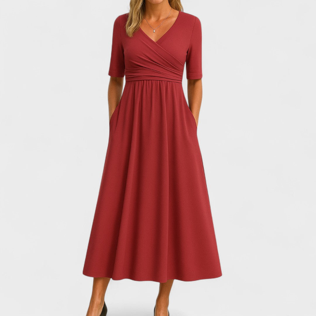 Eunice | Women's V Neck Midi Dress - Red