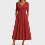 Eunice | Women's V Neck Midi Dress - Red