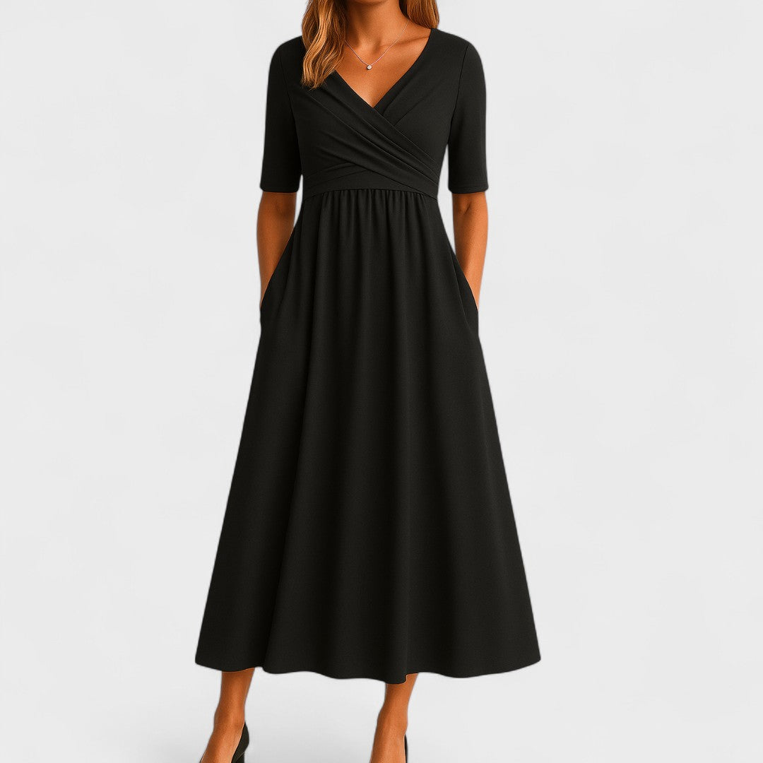 Eunice | Women's V Neck Midi Dress - Black