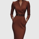 Wrap-Neck Pencil Midi Dress Belted Everyday