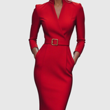 Wrap-Neck Pencil Midi Dress Belted Everyday