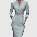 Wrap-Neck Pencil Midi Dress Belted Everyday
