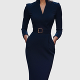 Wrap-Neck Pencil Midi Dress Belted Everyday