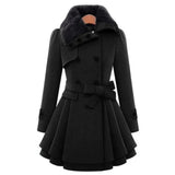 Trench Coat Faux Fur Collar Belted Vintage Flare