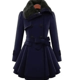 Trench Coat Faux Fur Collar Belted Vintage Flare