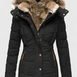 Women's Hooded Puffer Coat Faux Fur Trim Winter Parka - Black