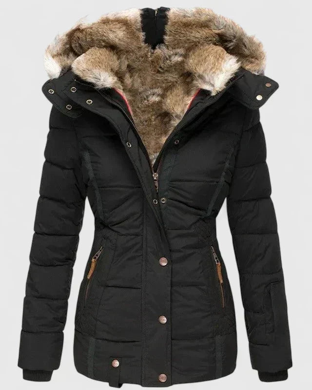 Women's Hooded Puffer Coat Faux Fur Trim Winter Parka - Black