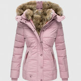Women's Hooded Puffer Coat Faux Fur Trim Winter Parka - Pink