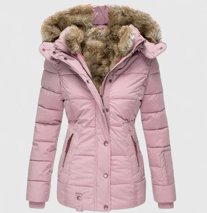 Women's Hooded Puffer Coat Faux Fur Trim Winter Parka - Pink