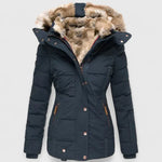 Women's Hooded Puffer Coat Faux Fur Trim Winter Parka - Blue