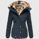 Women's Hooded Puffer Coat Faux Fur Trim Winter Parka - Blue