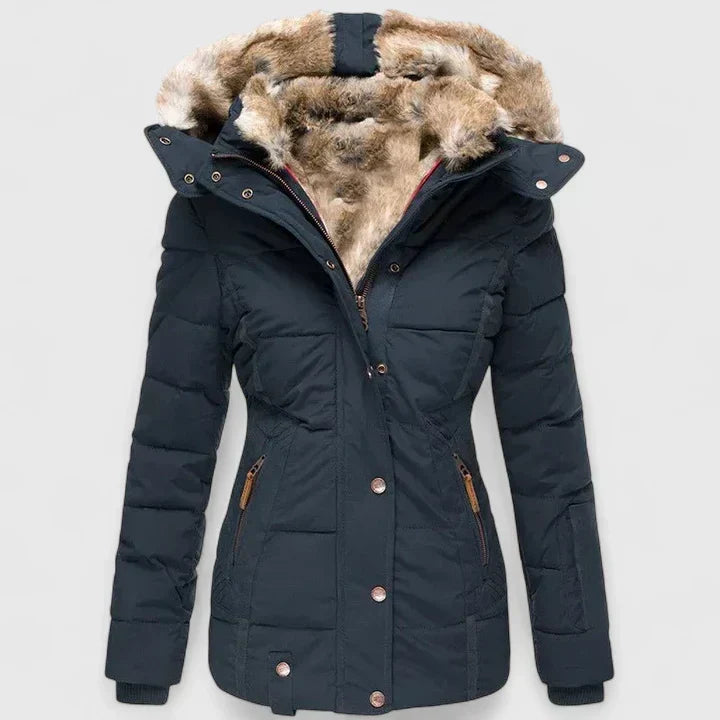 Women's Hooded Puffer Coat Faux Fur Trim Winter Parka - Blue