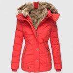 Women's Hooded Puffer Coat Faux Fur Trim Winter Parka - Red