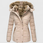 Women's Hooded Puffer Coat Faux Fur Trim Winter Parka - Beige