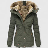 Women's Hooded Puffer Coat Faux Fur Trim Winter Parka - Green