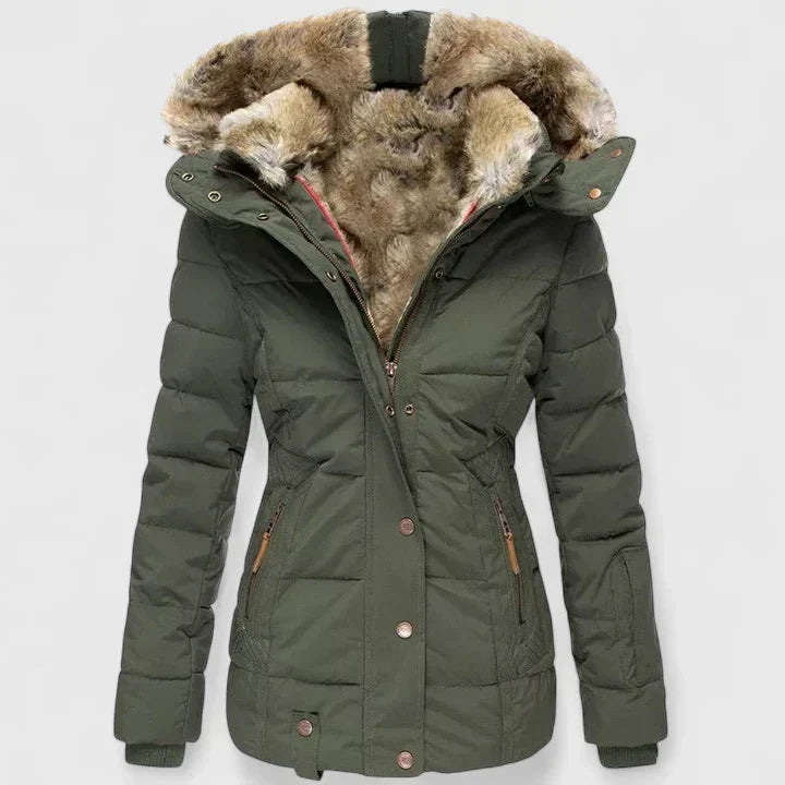 Women's Hooded Puffer Coat Faux Fur Trim Winter Parka - Green