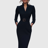 Wrap-Neck Pencil Midi Dress Belted Everyday