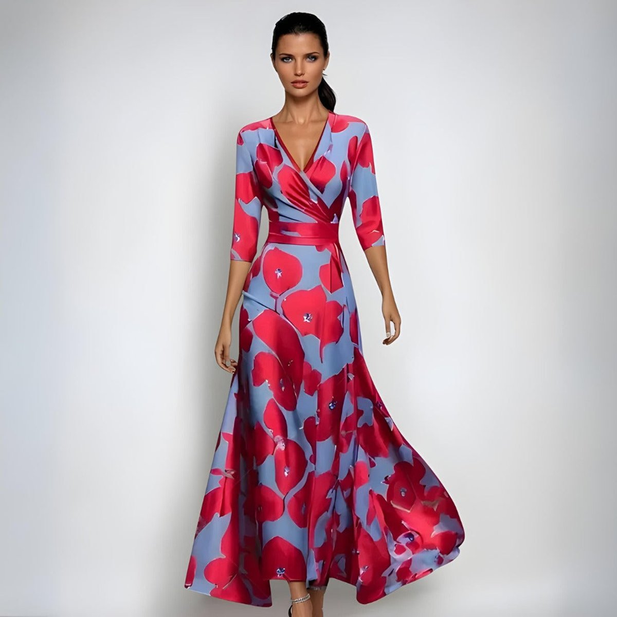 Alyssa | Women's Floral V Neck Wrap Wedding Guest Dress - Red/Blue