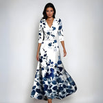 Alyssa | Women's Floral V Neck Wrap Wedding Guest Dress - White/Blue