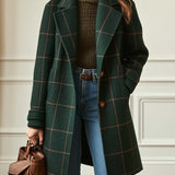 Women's Plaid Tweed Coat Retro Lapel Tailored Winter Coat - Dark Green
