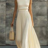 Knit Chiffon Maxi Dress Sleeveless Pleated