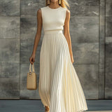 Knit Chiffon Maxi Dress Sleeveless Pleated