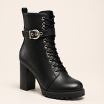 Freya | Women's Block Heel Leather Look Buckle Combat Boots