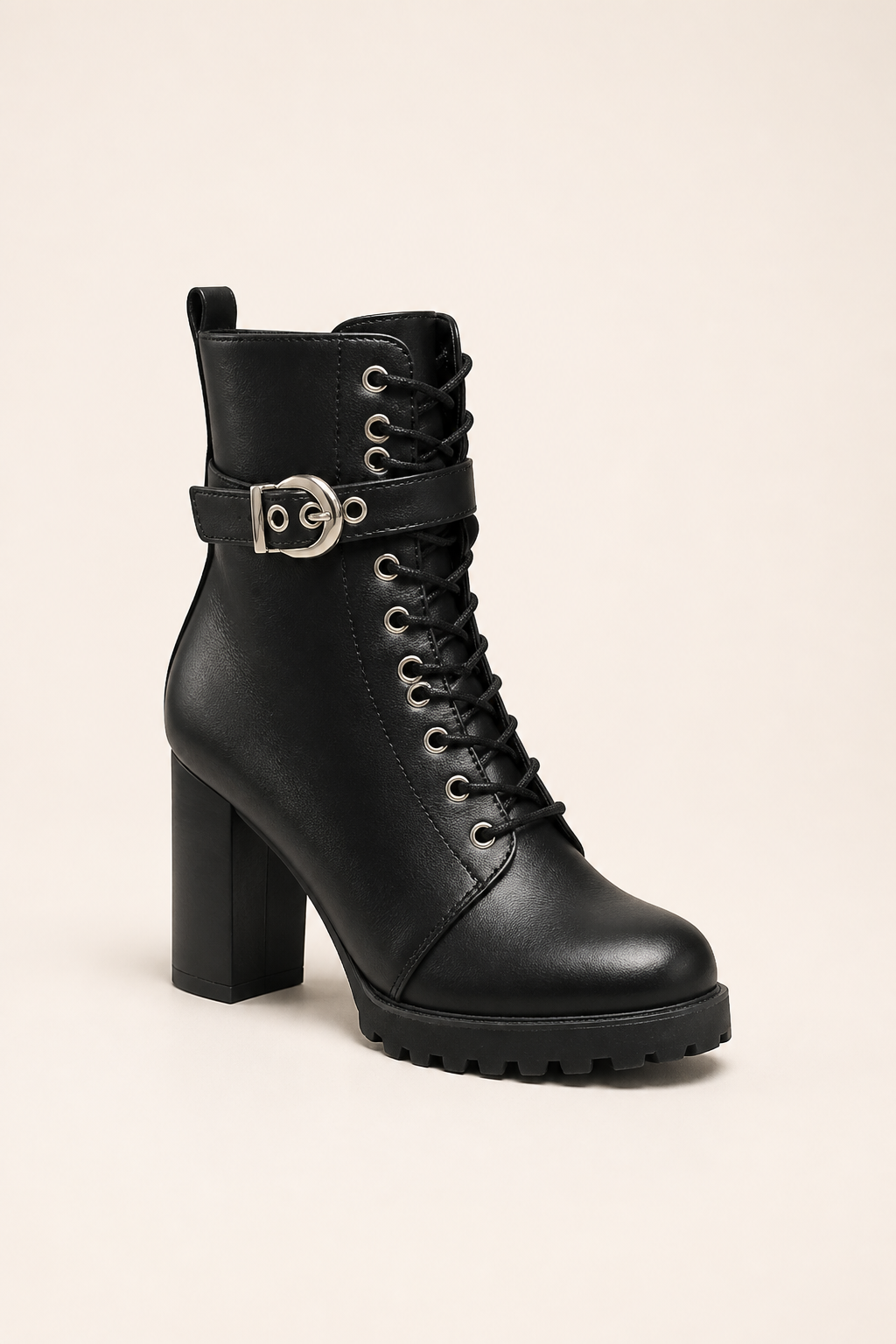 Freya | Women's Block Heel Leather Look Buckle Combat Boots