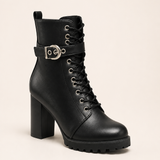 Freya | Women's Block Heel Leather Look Buckle Combat Boots