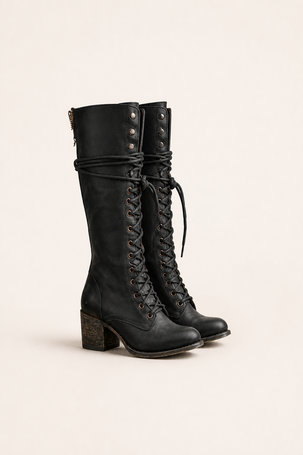 Evangeline | Women's Block Heel Leather Look Knee-High Boots