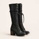Evangeline | Women's Block Heel Leather Look Knee-High Boots