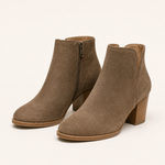 Mara | Women's Block Heel Side Zip Suede Look Ankle Boots - Beige
