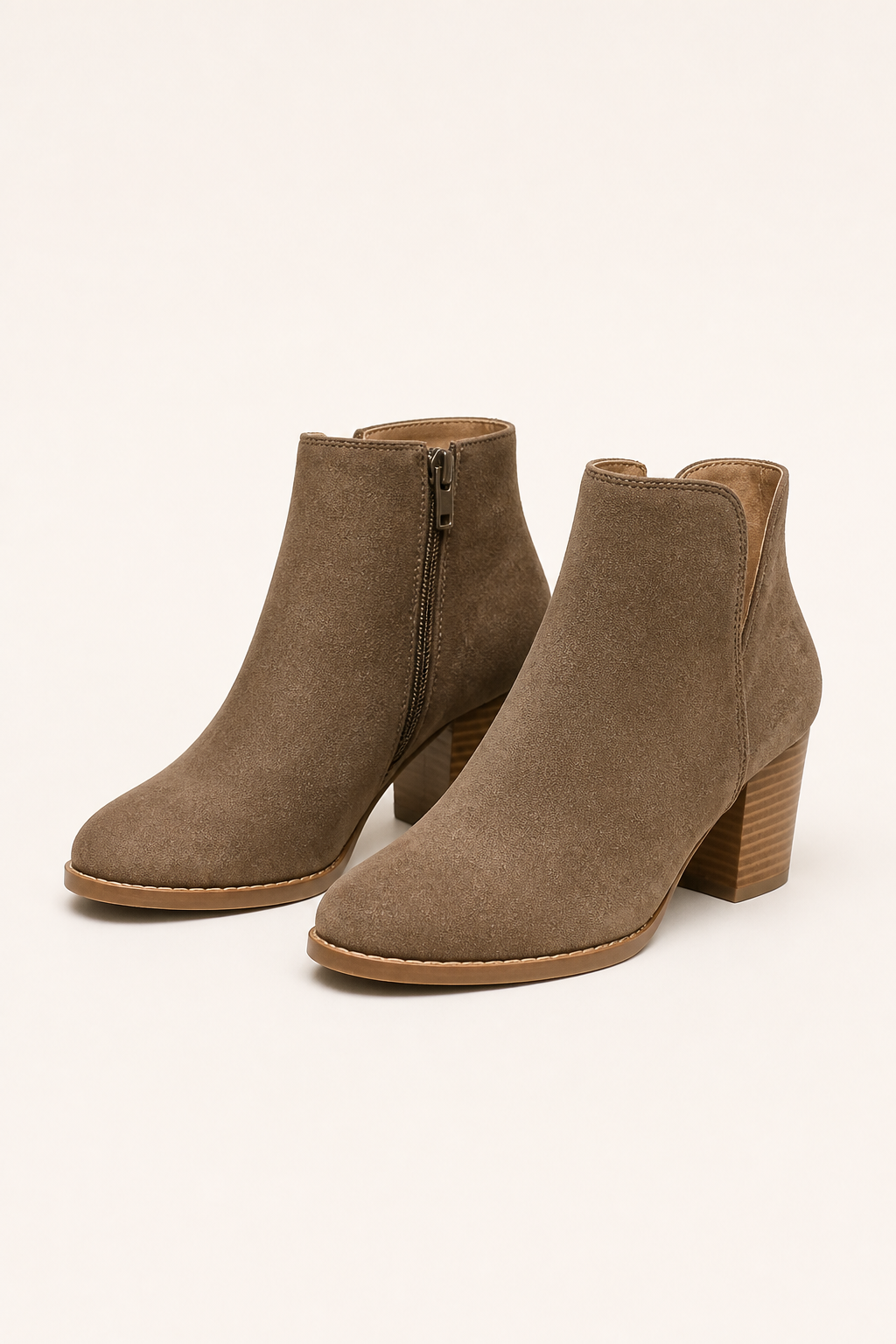 Mara | Women's Block Heel Side Zip Suede Look Ankle Boots - Beige
