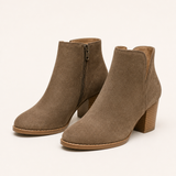 Mara | Women's Block Heel Side Zip Suede Look Ankle Boots - Beige