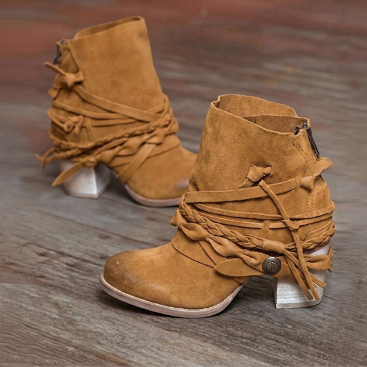 Grace | Women's Block Heel Suede Look Wrap Western Boots - Brown