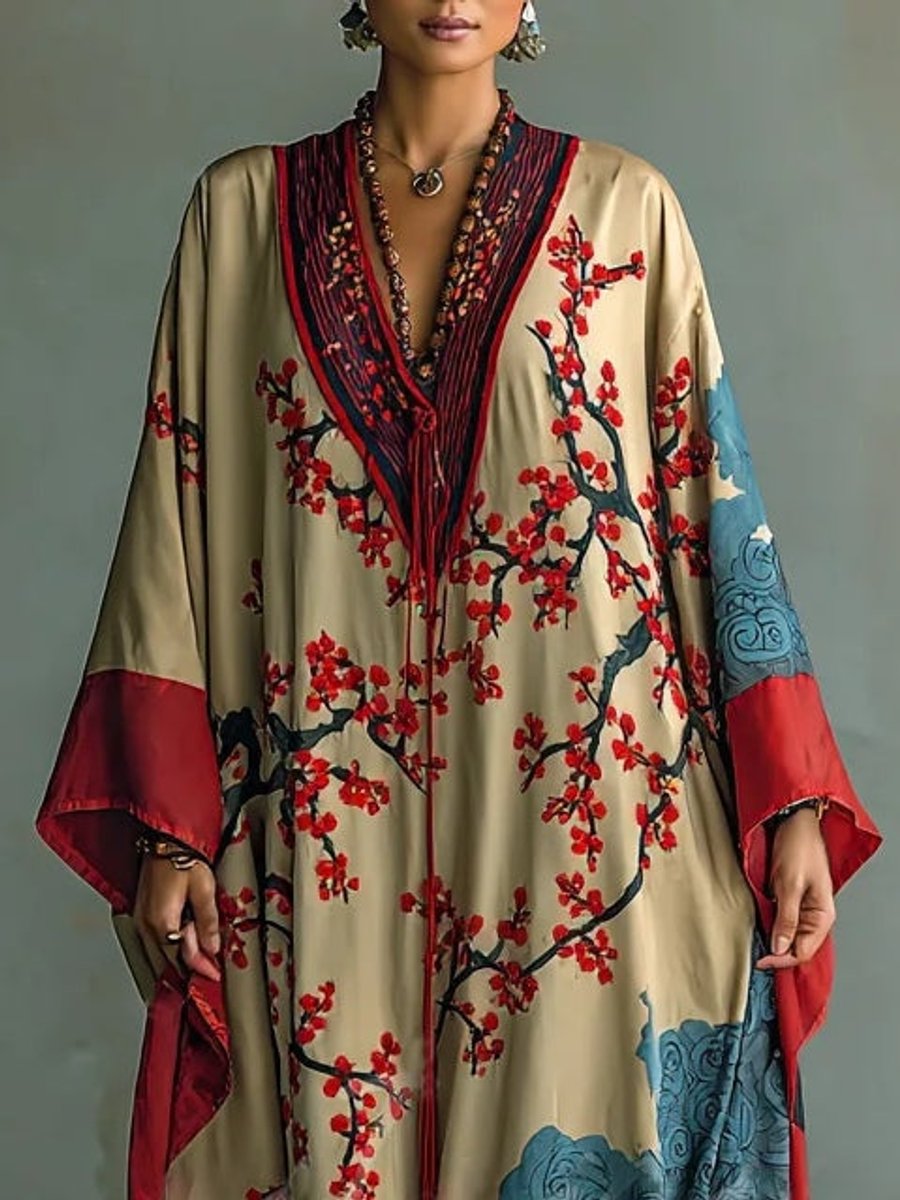 Samantha | Women's Long Sleeve Floral Maxi Dress - Red
