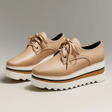 Amelie | Women's Platform Wedge Trainers Oxford Shoes - Beige