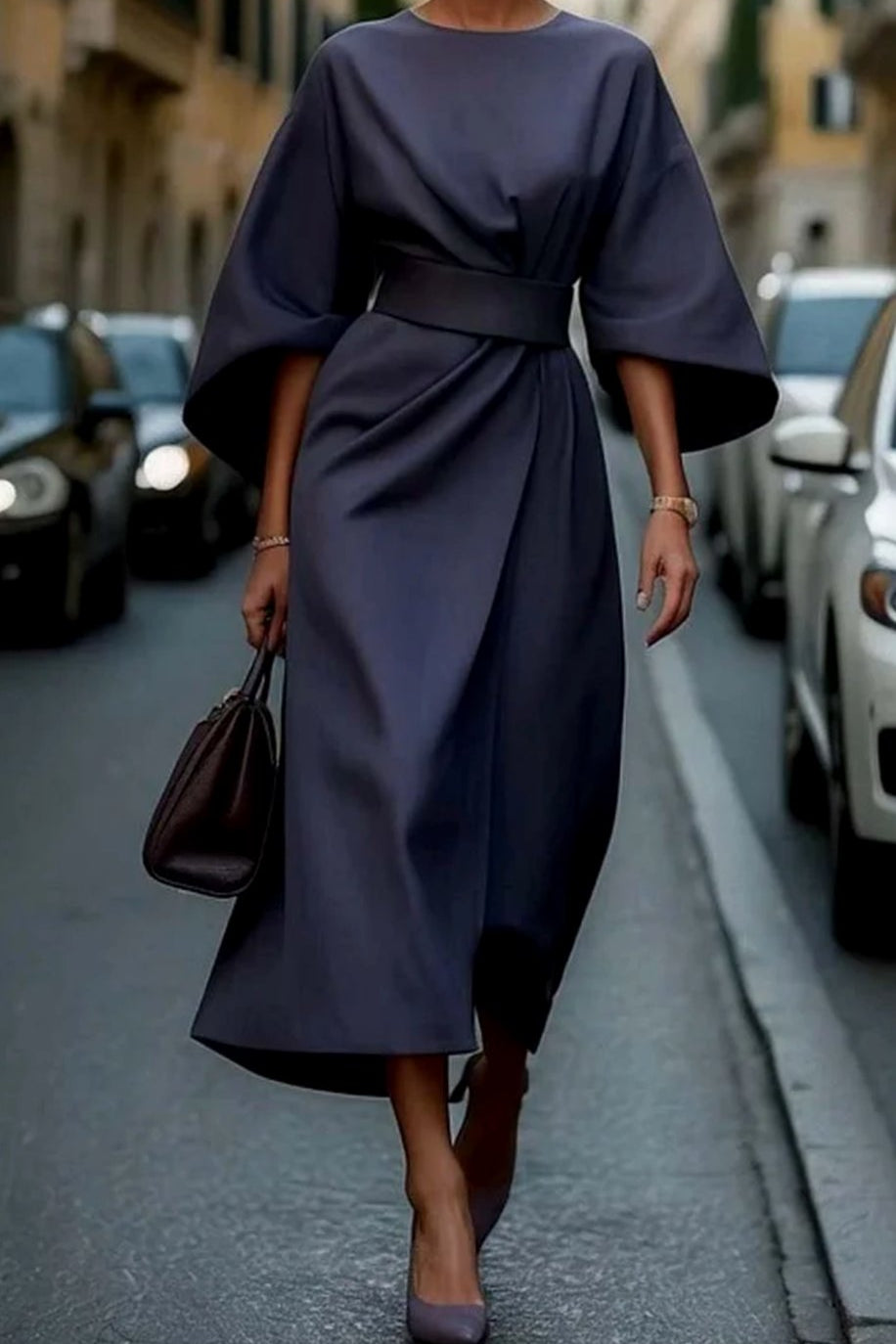 Cassandra | Women's Belted Midi Dress - Navy Blue