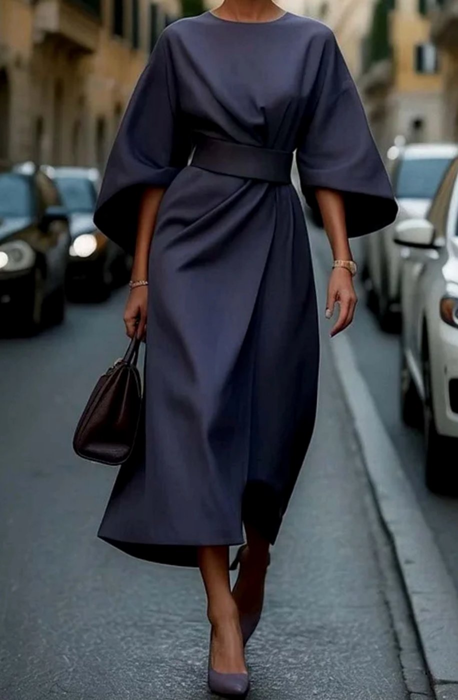 Cassandra | Women's Belted Midi Dress - Navy Blue