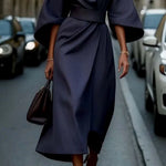 Cassandra | Women's Belted Midi Dress - Navy Blue