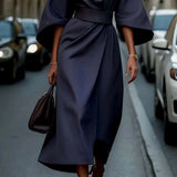 Cassandra | Women's Belted Midi Dress - Navy Blue