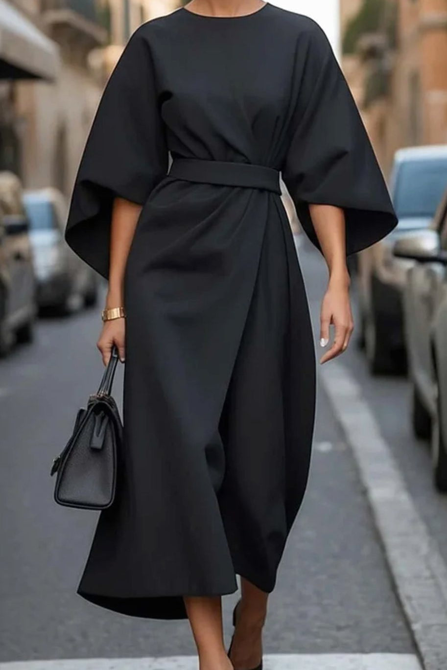 Cassandra | Women's Belted Midi Dress - Black