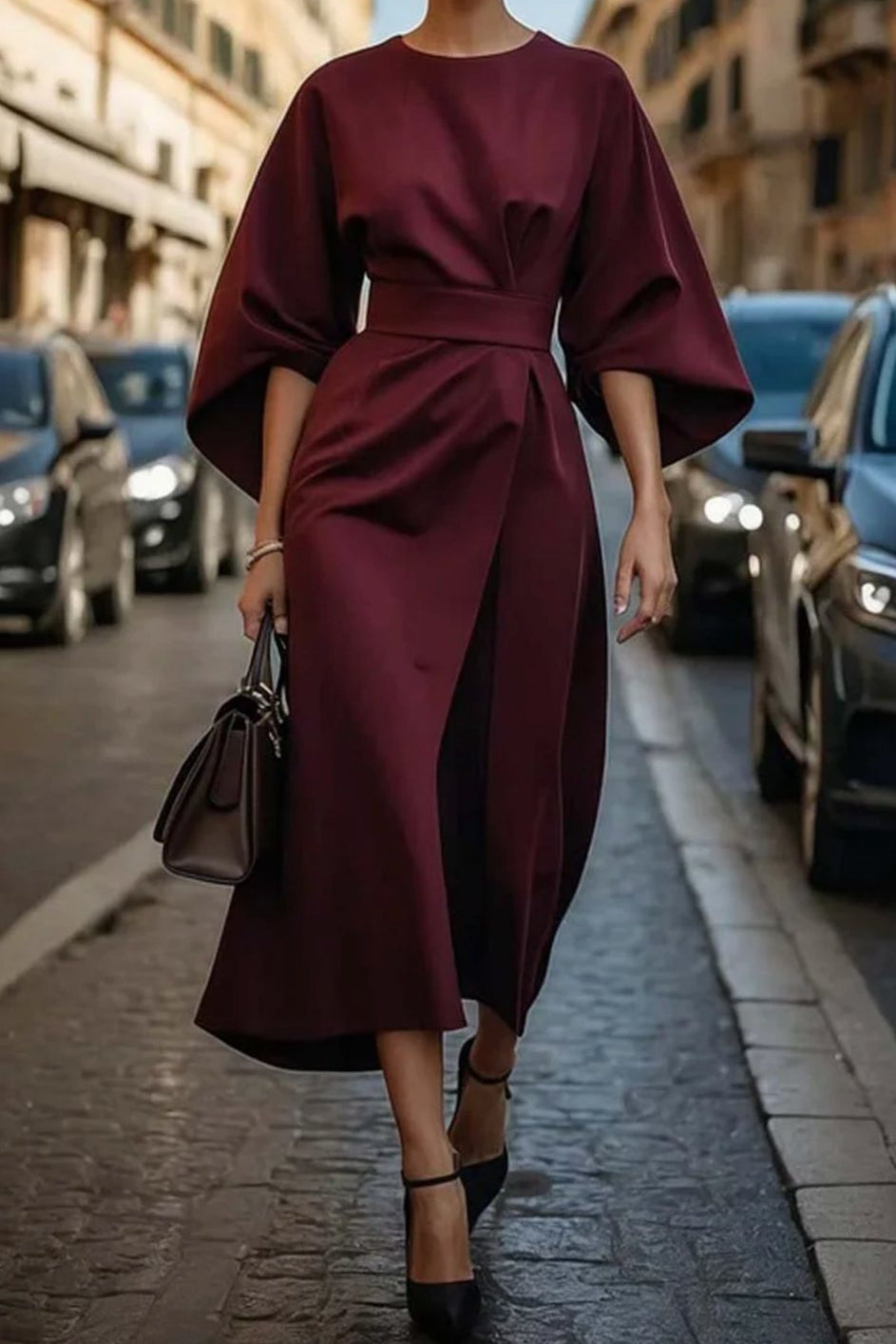 Cassandra | Women's Belted Midi Dress - Bordeaux