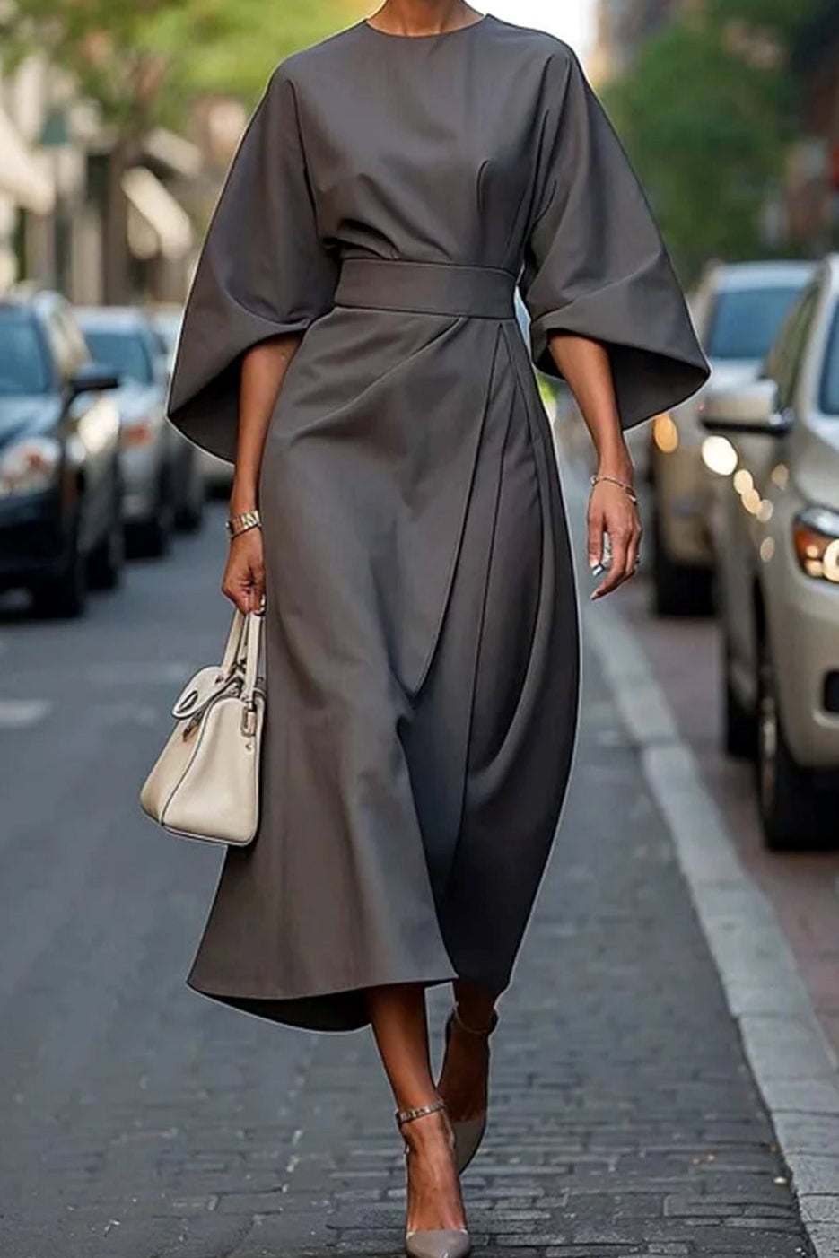 Cassandra | Women's Belted Midi Dress - Grey