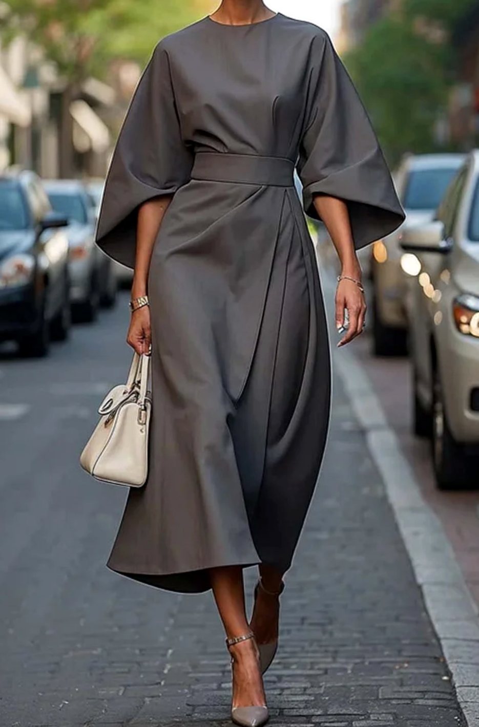 Cassandra | Women's Belted Midi Dress - Grey