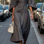 Cassandra | Women's Belted Midi Dress - Grey