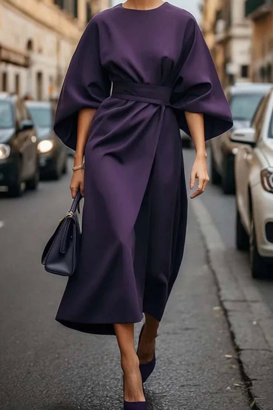 Cassandra | Women's Belted Midi Dress - Violet