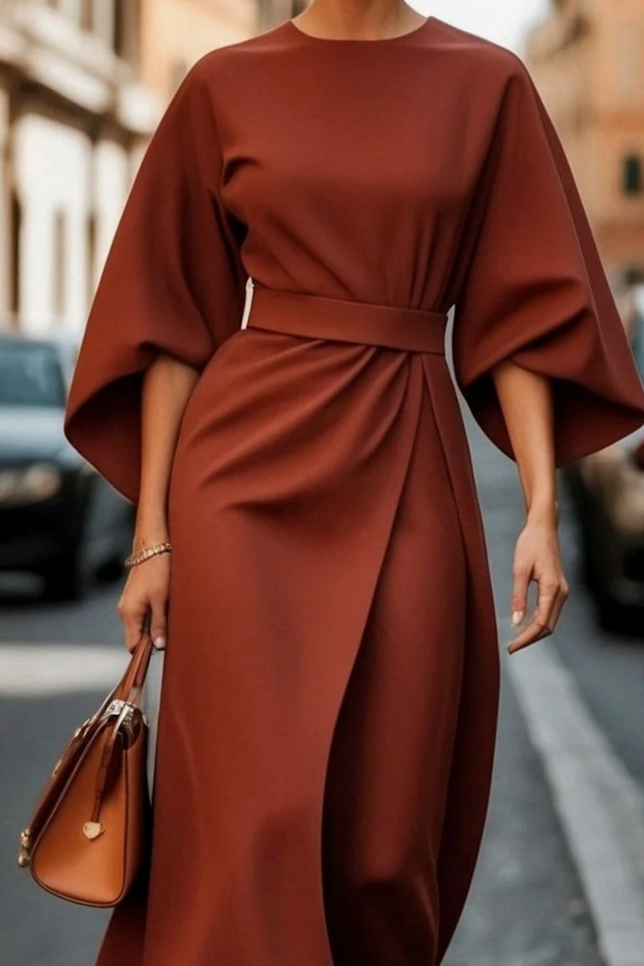 Cassandra | Women's Belted Midi Dress - Rust Brown