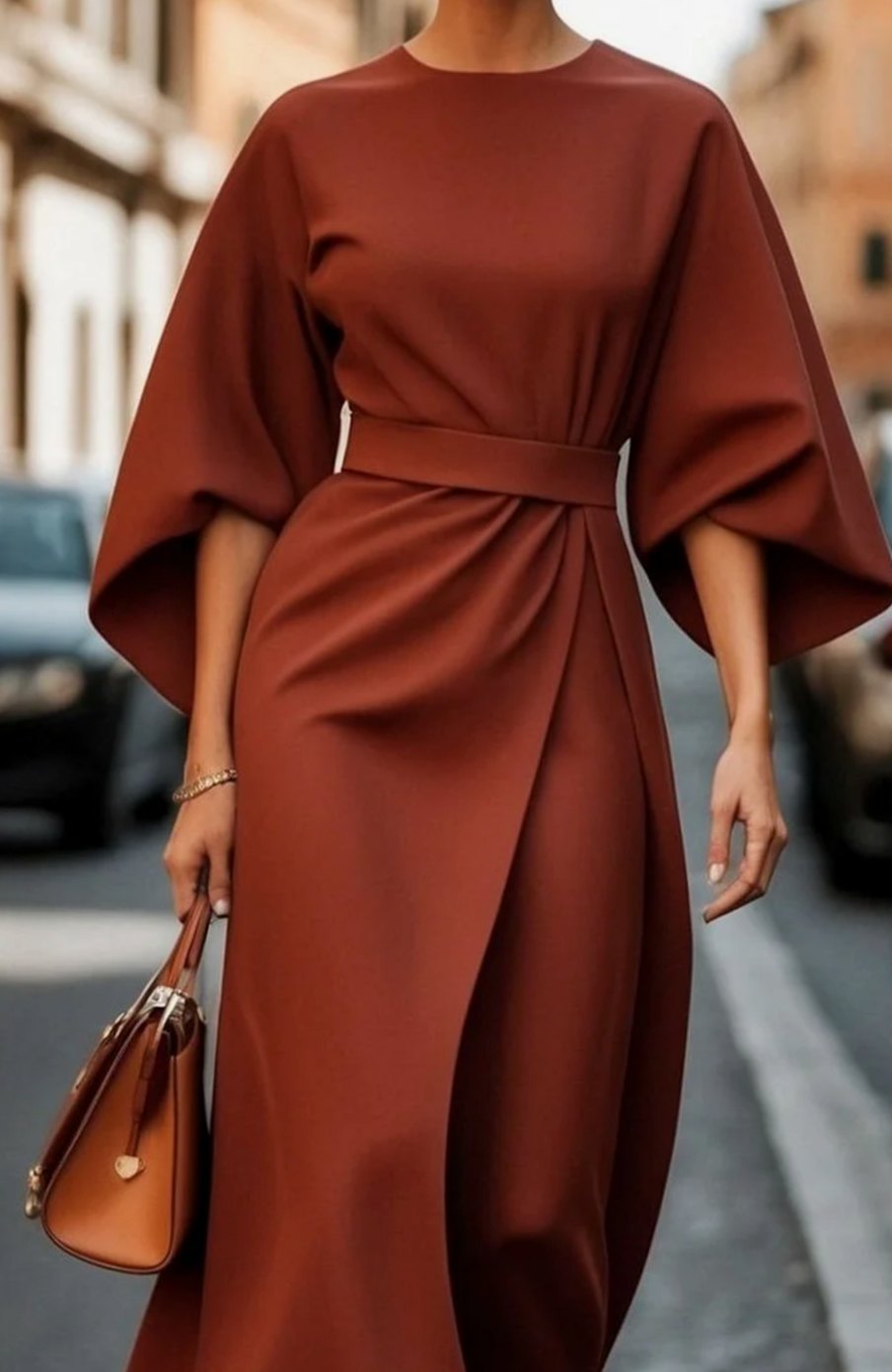 Cassandra | Women's Belted Midi Dress - Rust Brown