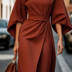 Cassandra | Women's Belted Midi Dress - Rust Brown
